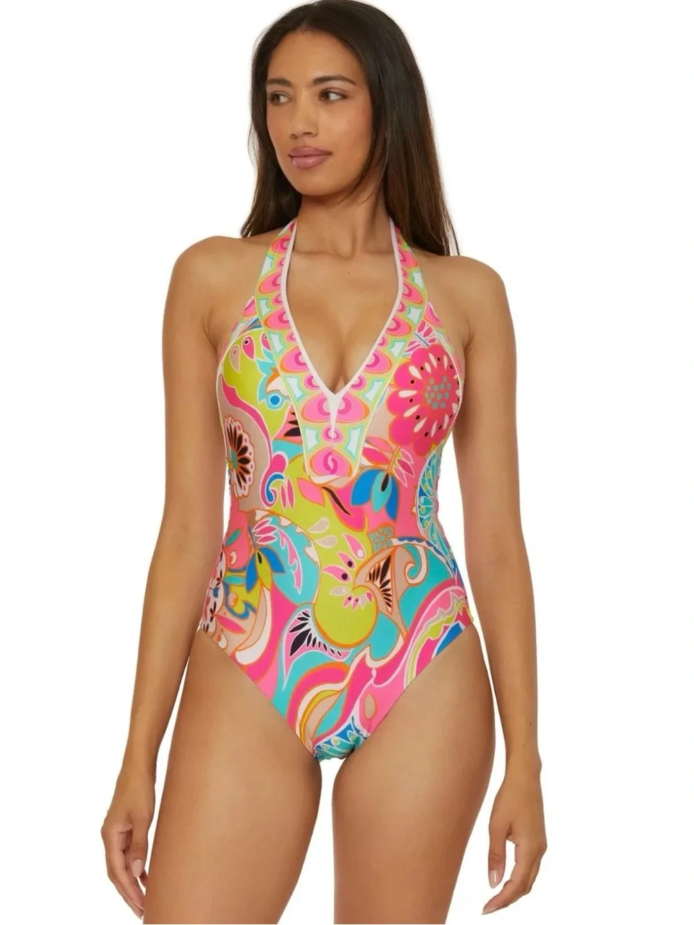 NWT Trina Turk L67232 Women's Multi Venus Plunge One-Piece Swimsuit Size 6
